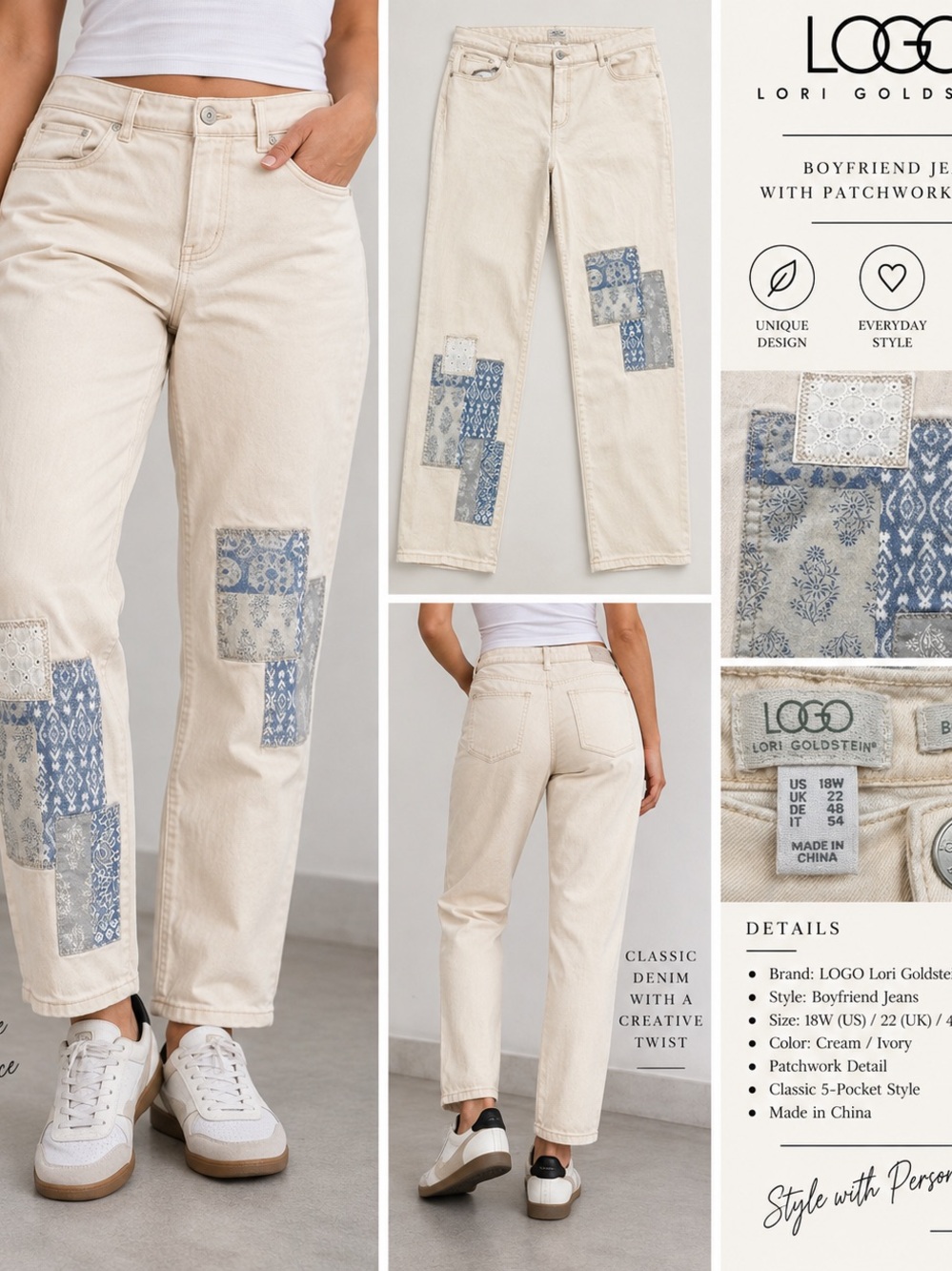 LOGO by Lori Goldstein Cream Boyfriend Jeans with Blue Patchwork
